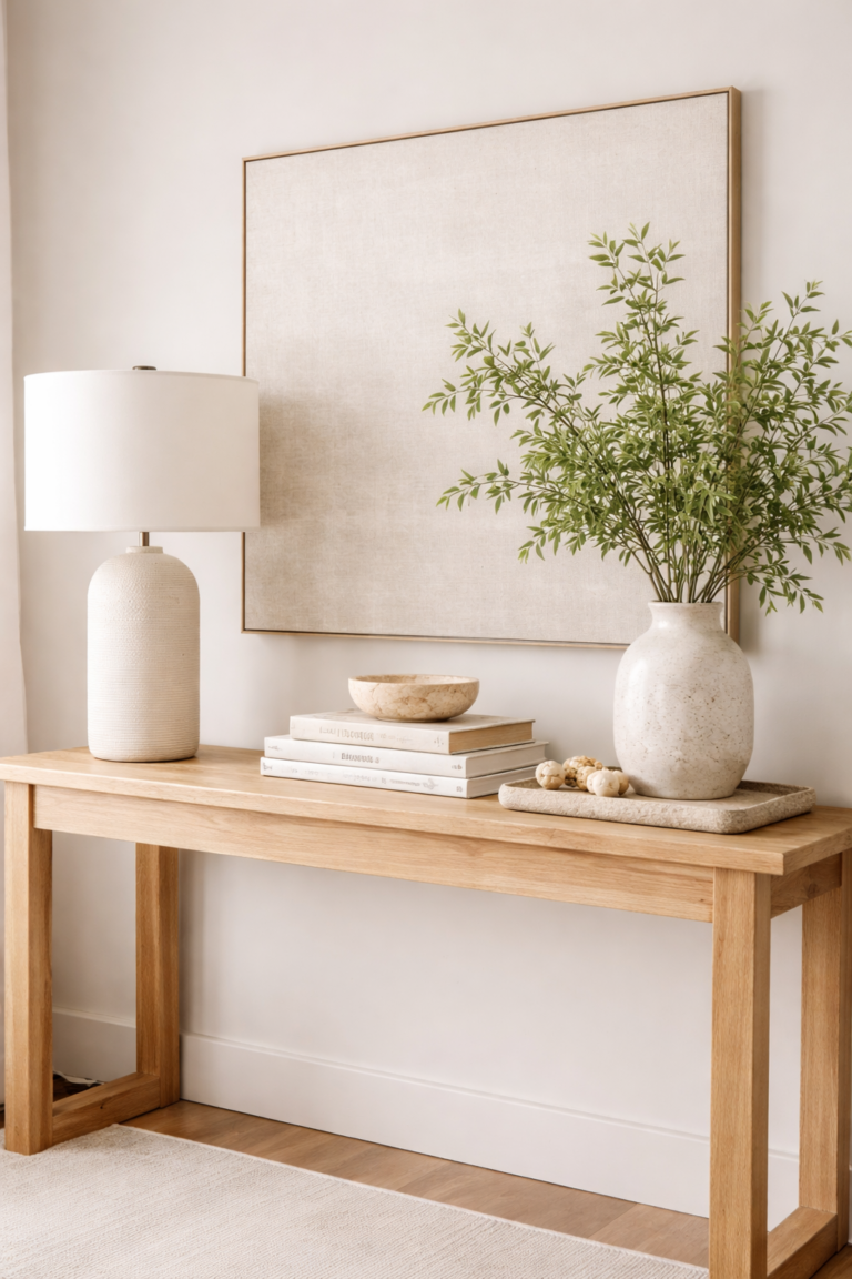 Spring console table decor with ceramic lamp, greenery in vase, stacked books, and neutral wall art