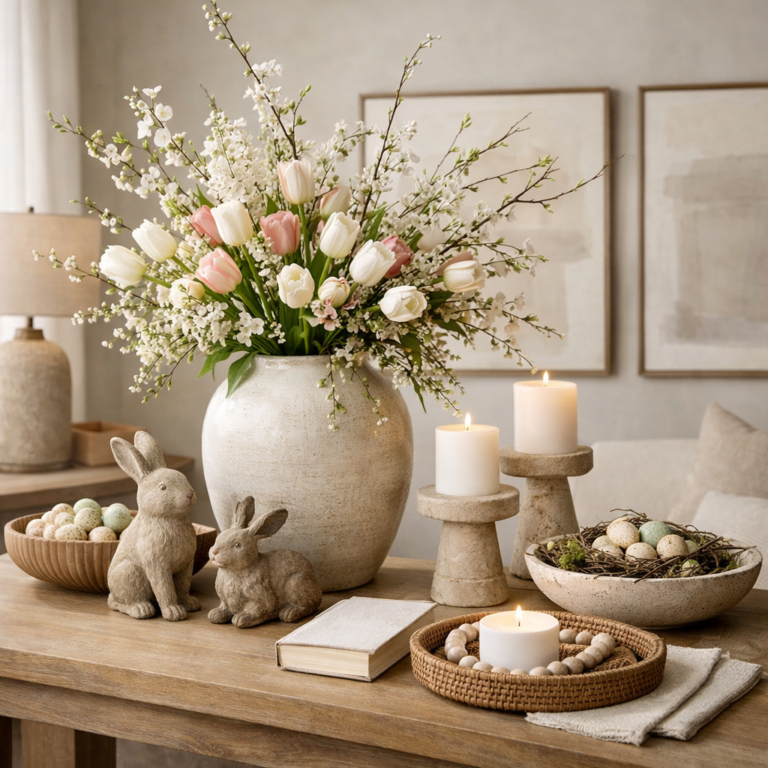Spring console table styled with blush and white tulips in a ceramic vase, stone candle holders, decorative eggs, and neutral bunny accents.