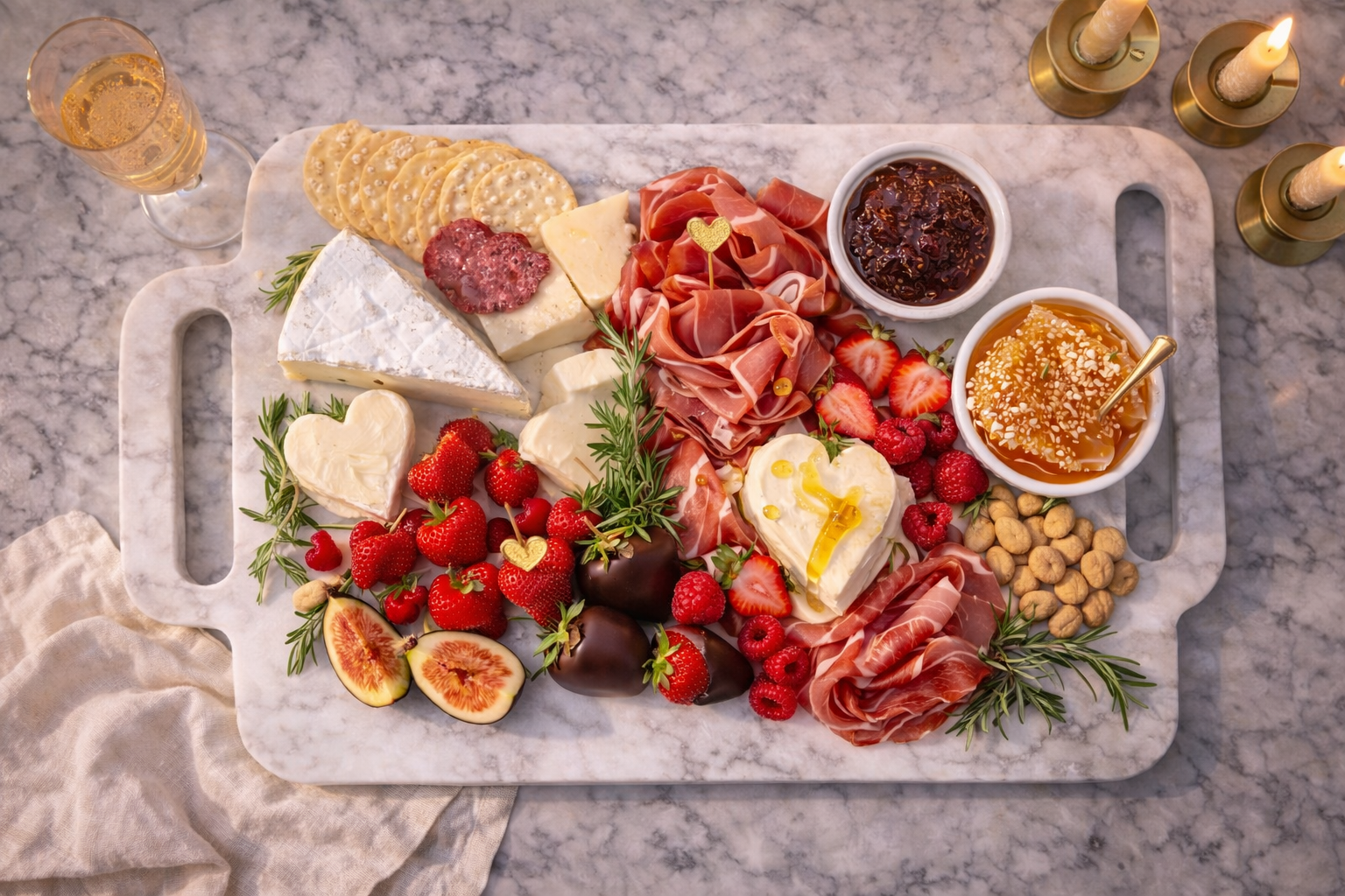 Top-down Valentine’s Day charcuterie board on marble with candles and champagne