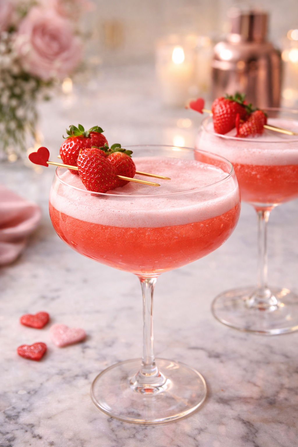 Close-up of a Valentine’s Day cocktail in a coupe glass with strawberry garnish and soft foam