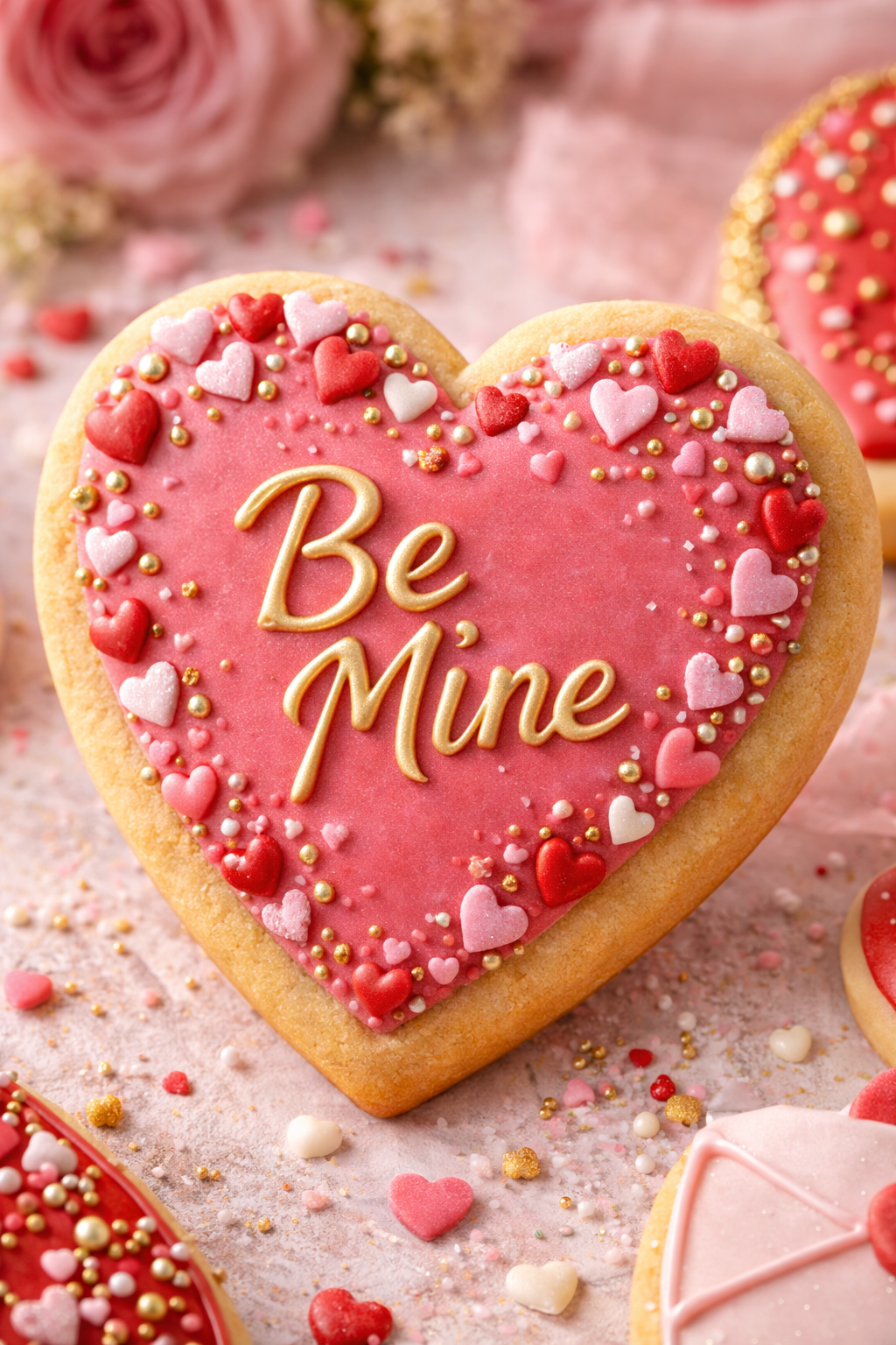 Close-up of a heart-shaped Valentine’s Day sugar cookie with blush icing, gold lettering, and heart sprinkles