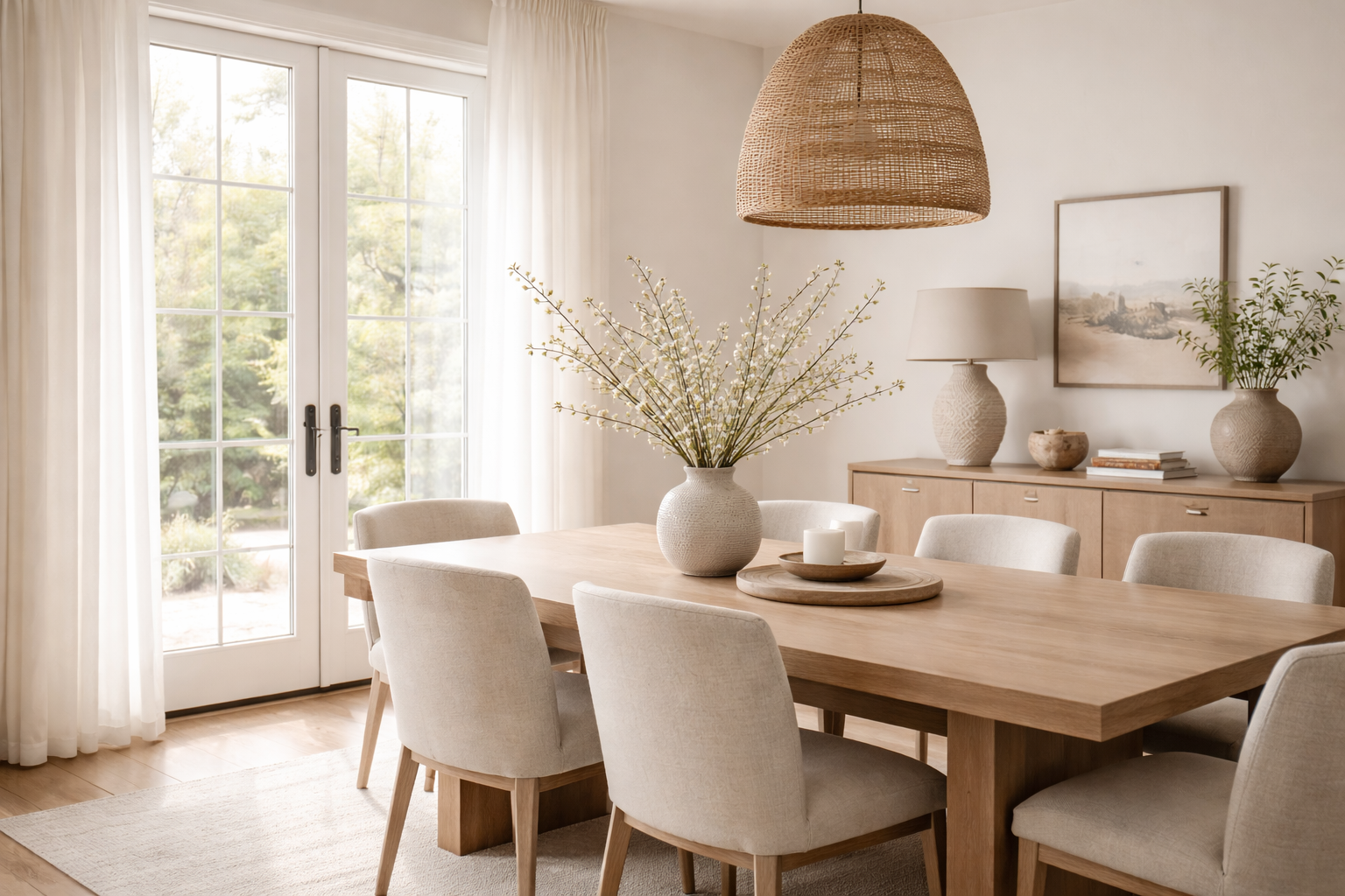 Organic modern dining room transitioning from winter to spring with light wood table, neutral upholstered chairs, and budding branches