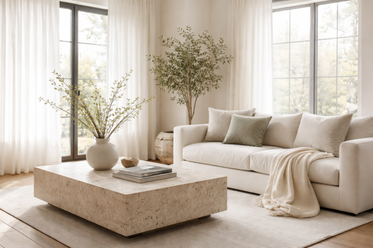 Organic modern living room with neutral sofa, sage and beige pillows, travertine coffee table, olive tree, and soft sheer curtains in natural spring light