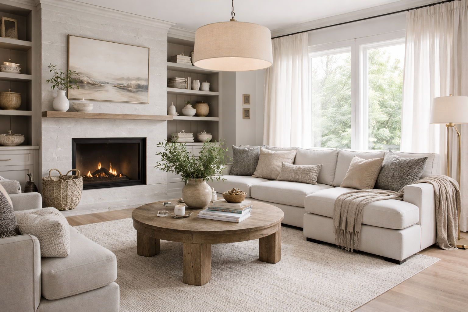 Organic modern grey living room with warm textures and natural light