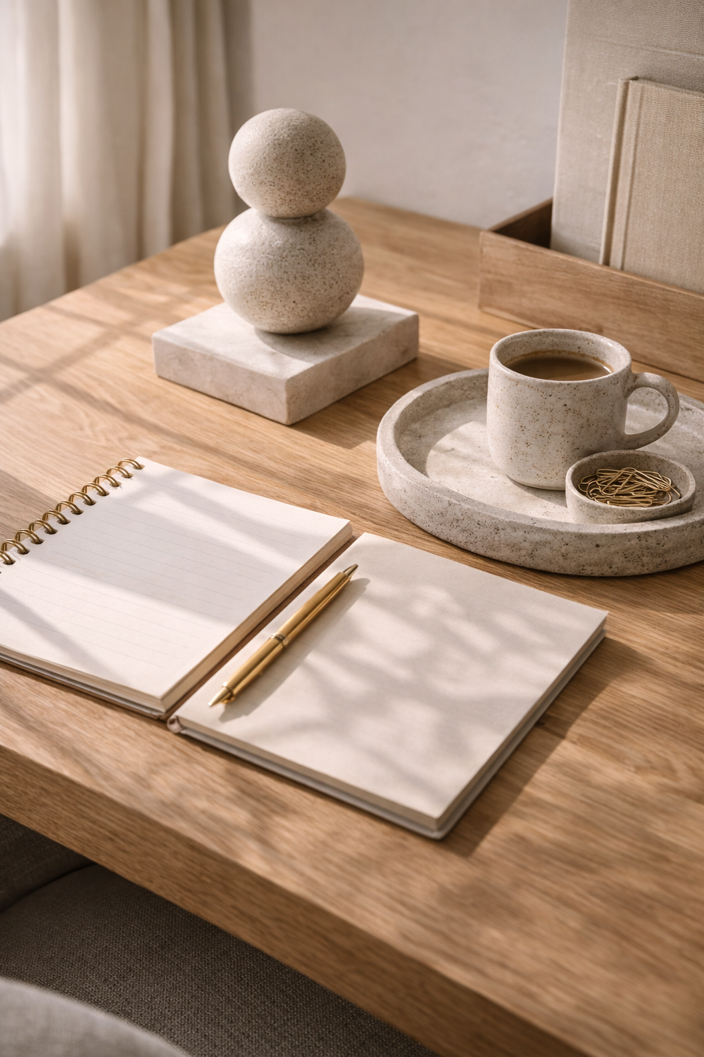 Minimal desk decor in organic modern style with neutral accessories, simple book stack, and sculptural objects