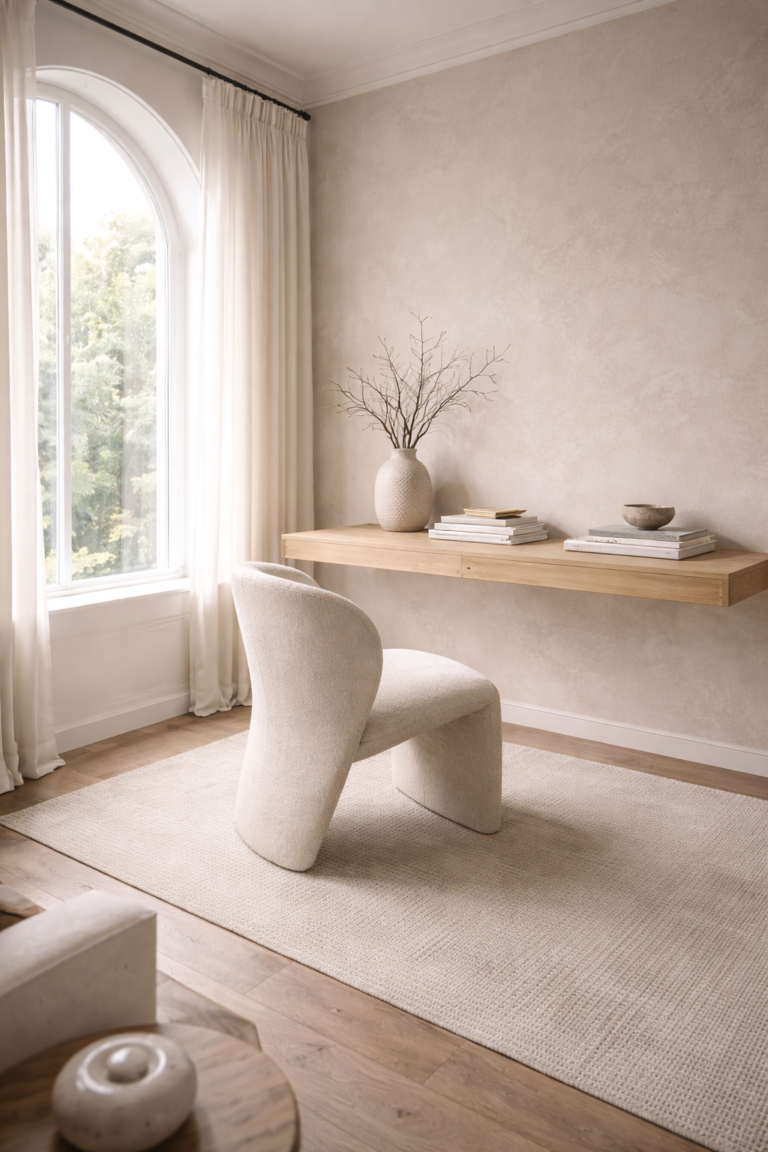 Minimalist organic modern home office with floating wood desk, sculptural chair, neutral rug, ceramic vase decor, and soft natural light from arched window.
