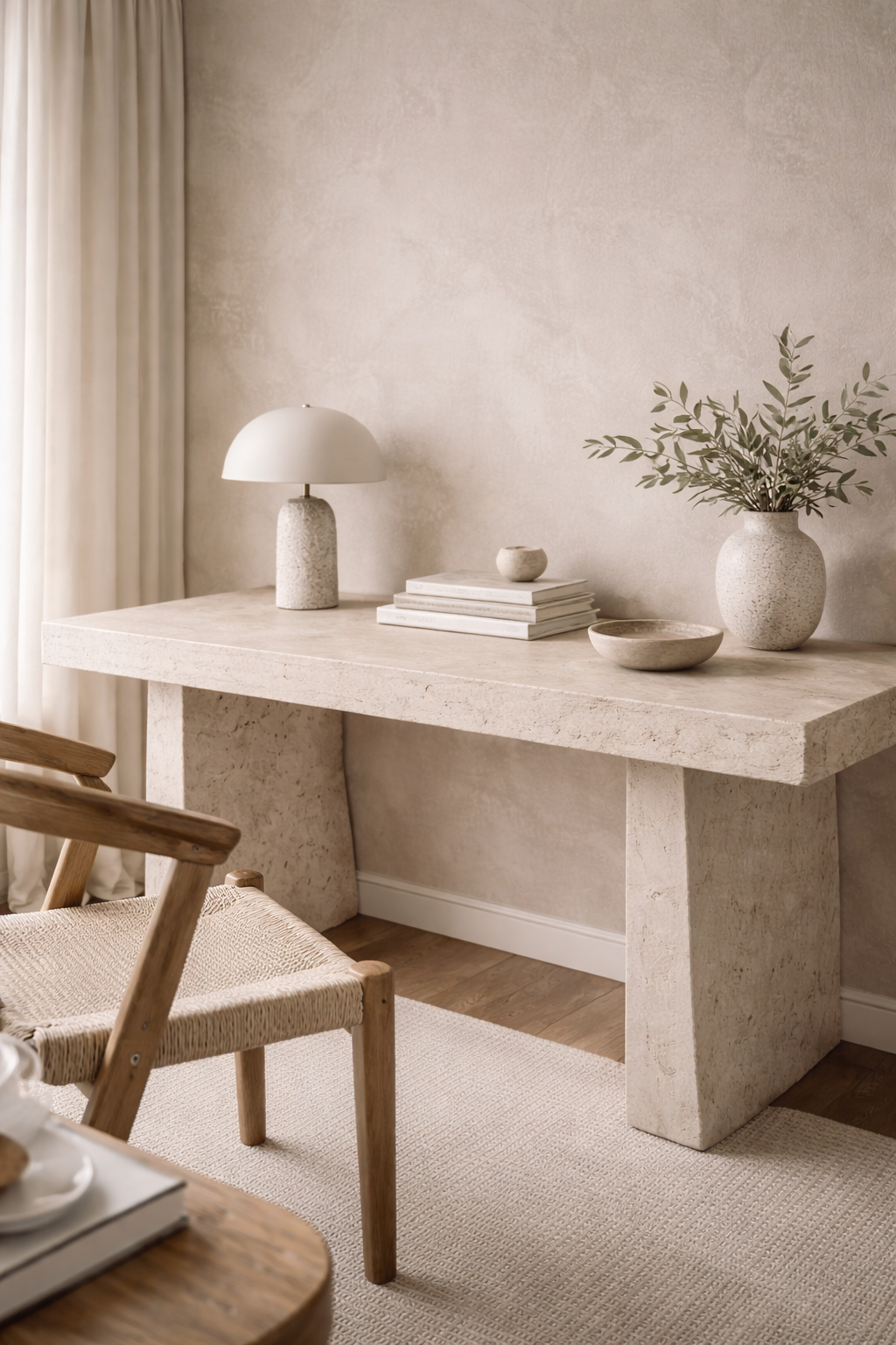 Minimalist workspace styling with organic modern decor, neutral accessories, and clean layered textures