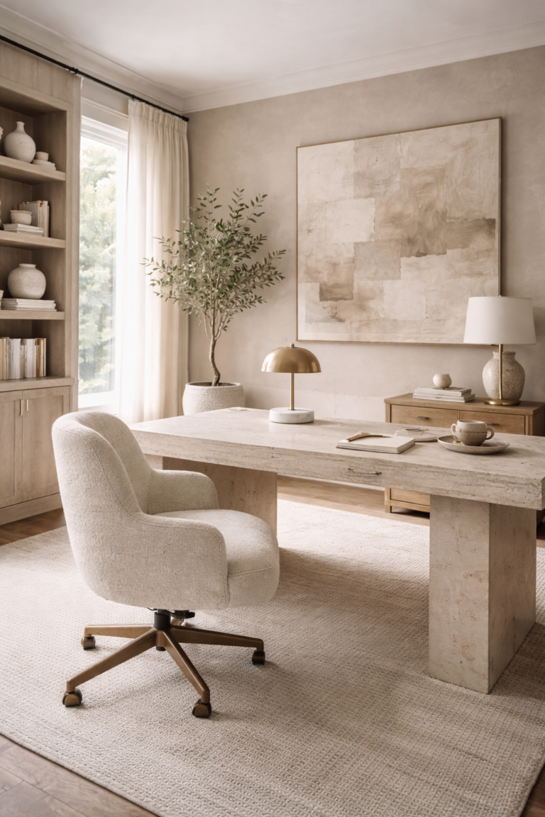 Neutral organic modern home office with stone desk, upholstered swivel chair, built-in shelving, large abstract wall art, and soft beige color palette.