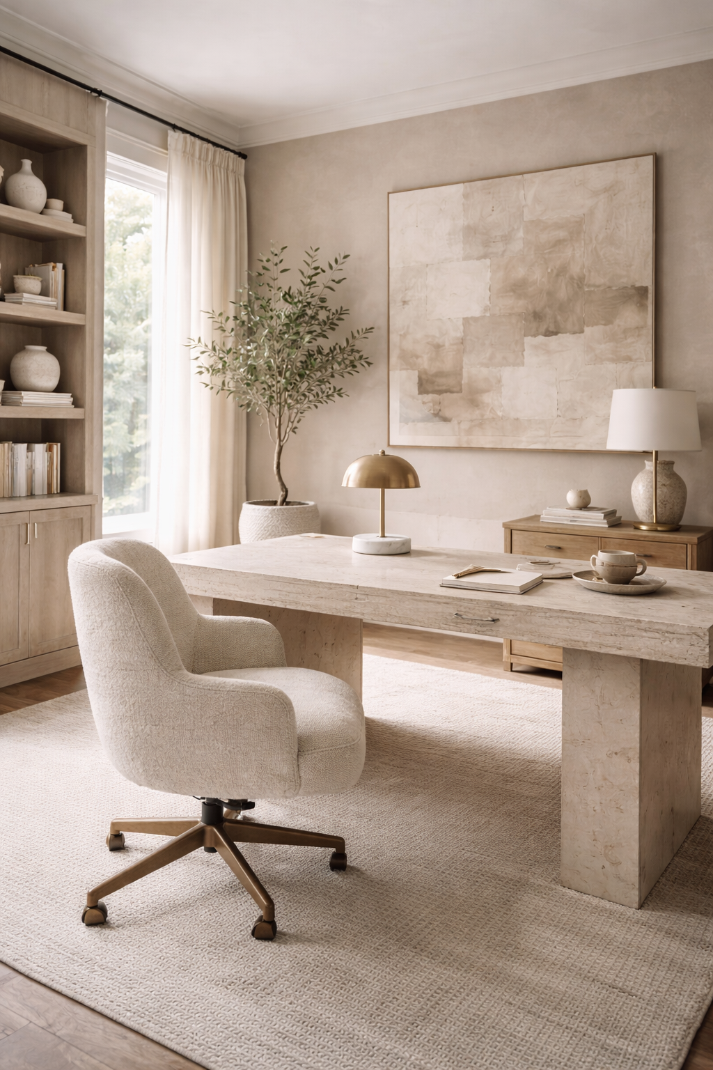 Neutral home office color palette with warm whites, greige, beige tones, and organic modern styling