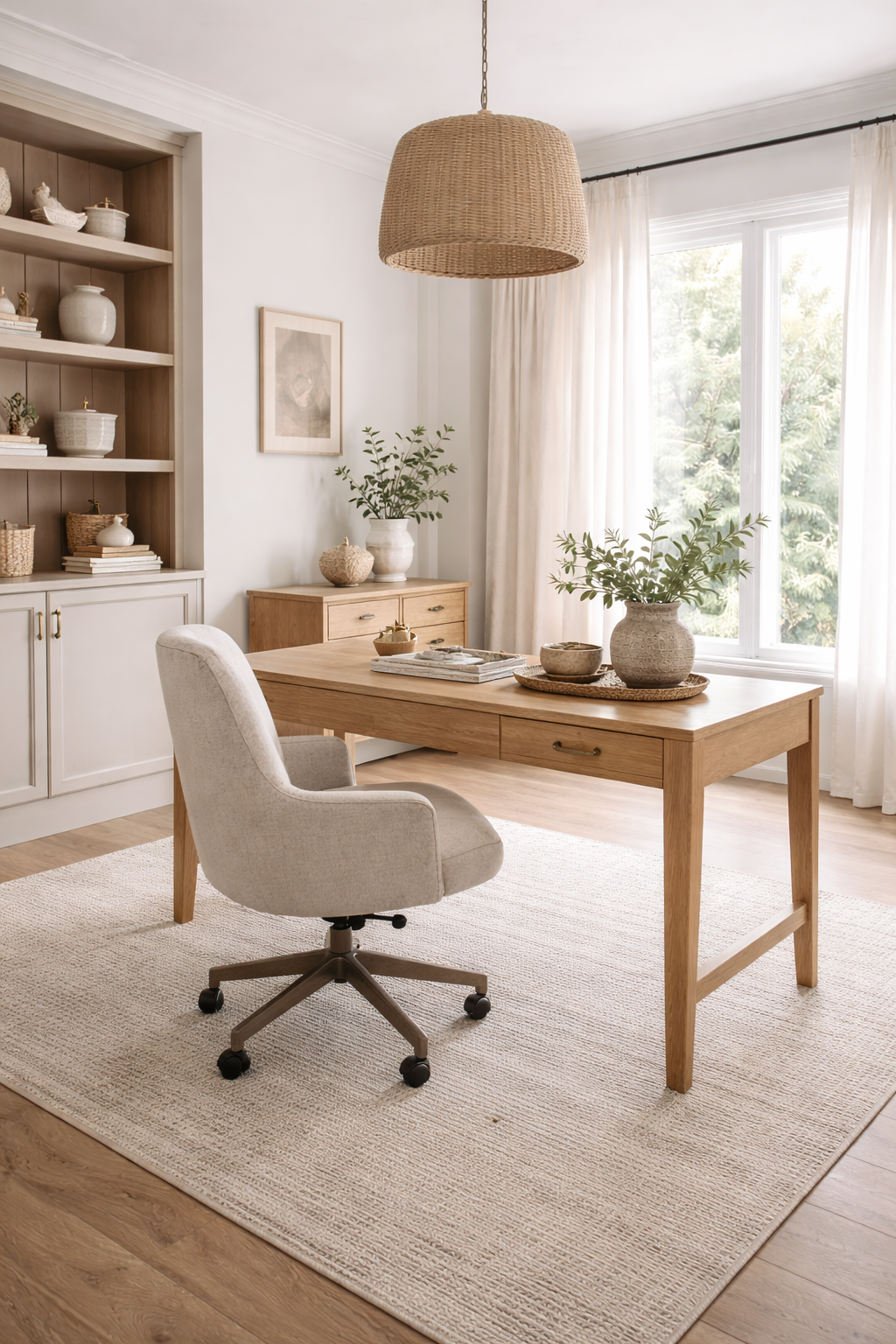 Organic modern home office ideas with warm neutrals, natural wood desk, layered textures, and soft lighting