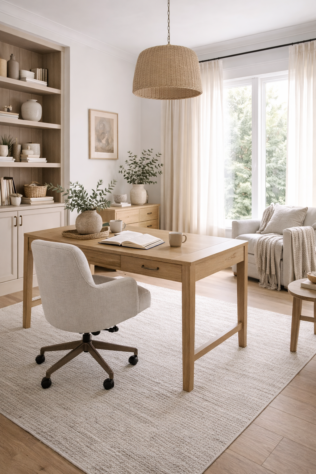 Organic modern home office workspace with neutral tones, natural wood desk, minimal decor, and soft ambient lighting