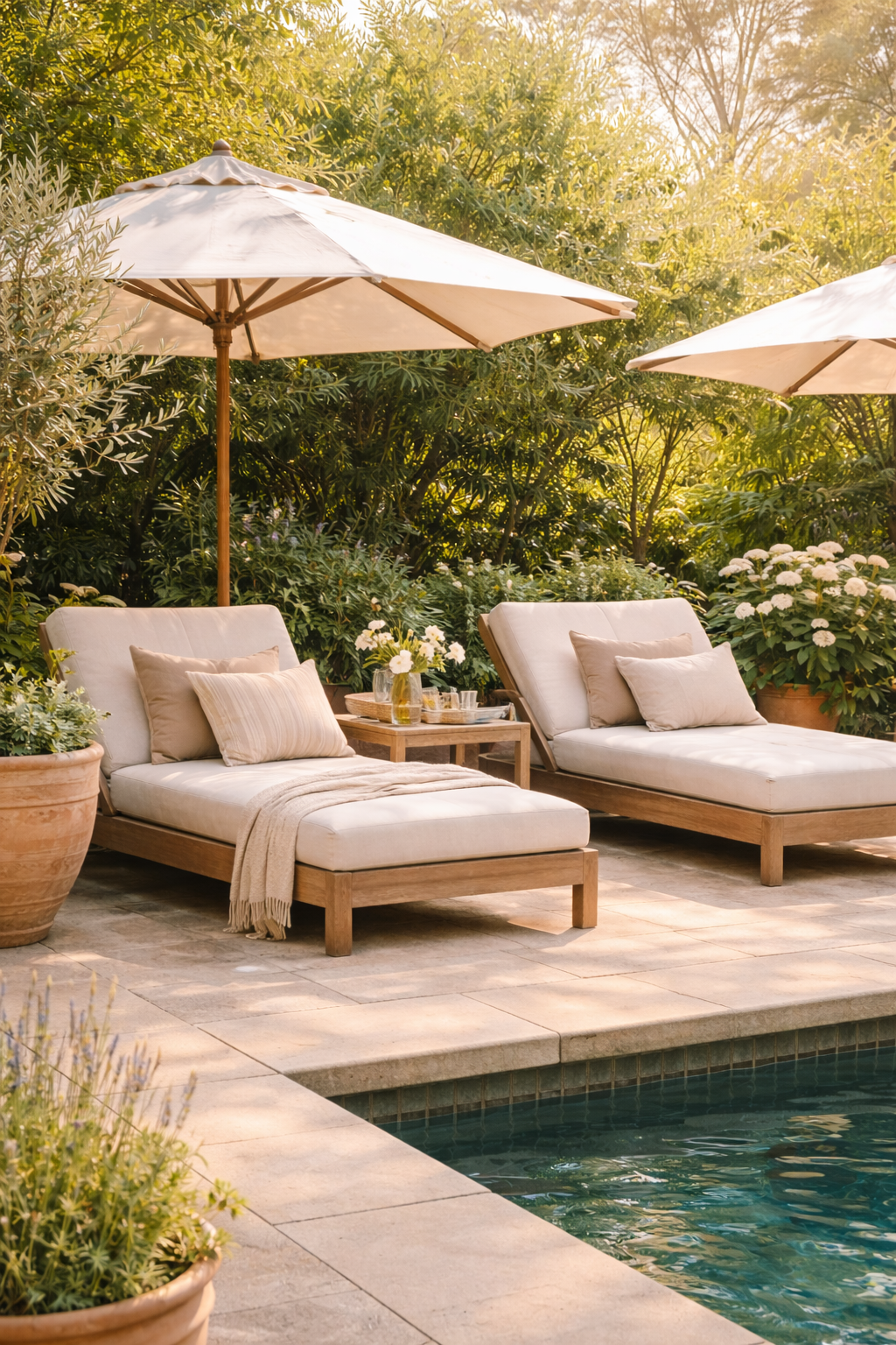 Organic modern pool lounge chairs with umbrellas and neutral pillows