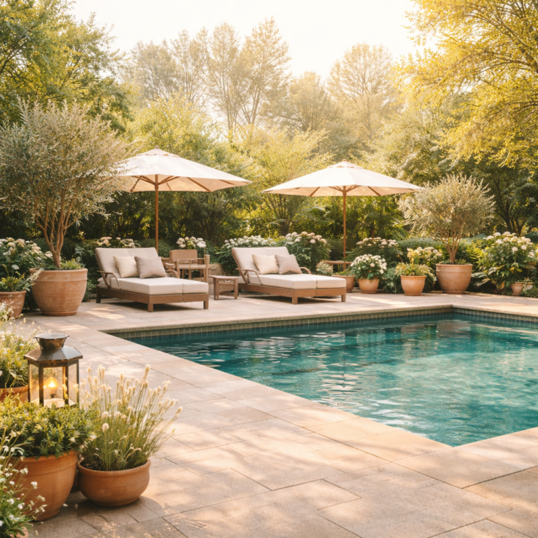 Backyard swimming pool in spring with lounge chairs, patio umbrellas, potted plants, and lush greenery.