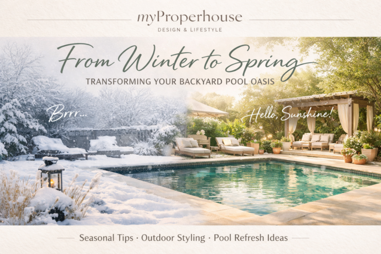 Backyard pool transitioning from winter snow to sunny spring with lounge chairs and garden landscaping.