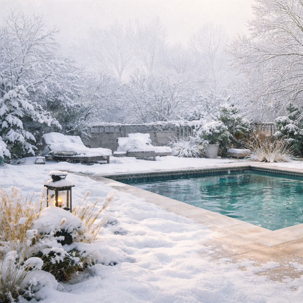 Winter backyard pool with snow and quiet patio before spring refresh