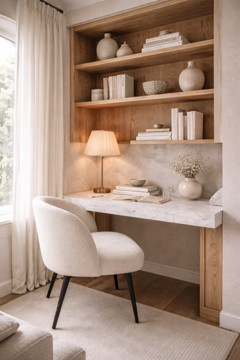 Small luxury home office with built-in wood shelving, marble desk, upholstered chair, warm lamp lighting, and neutral organic modern decor.