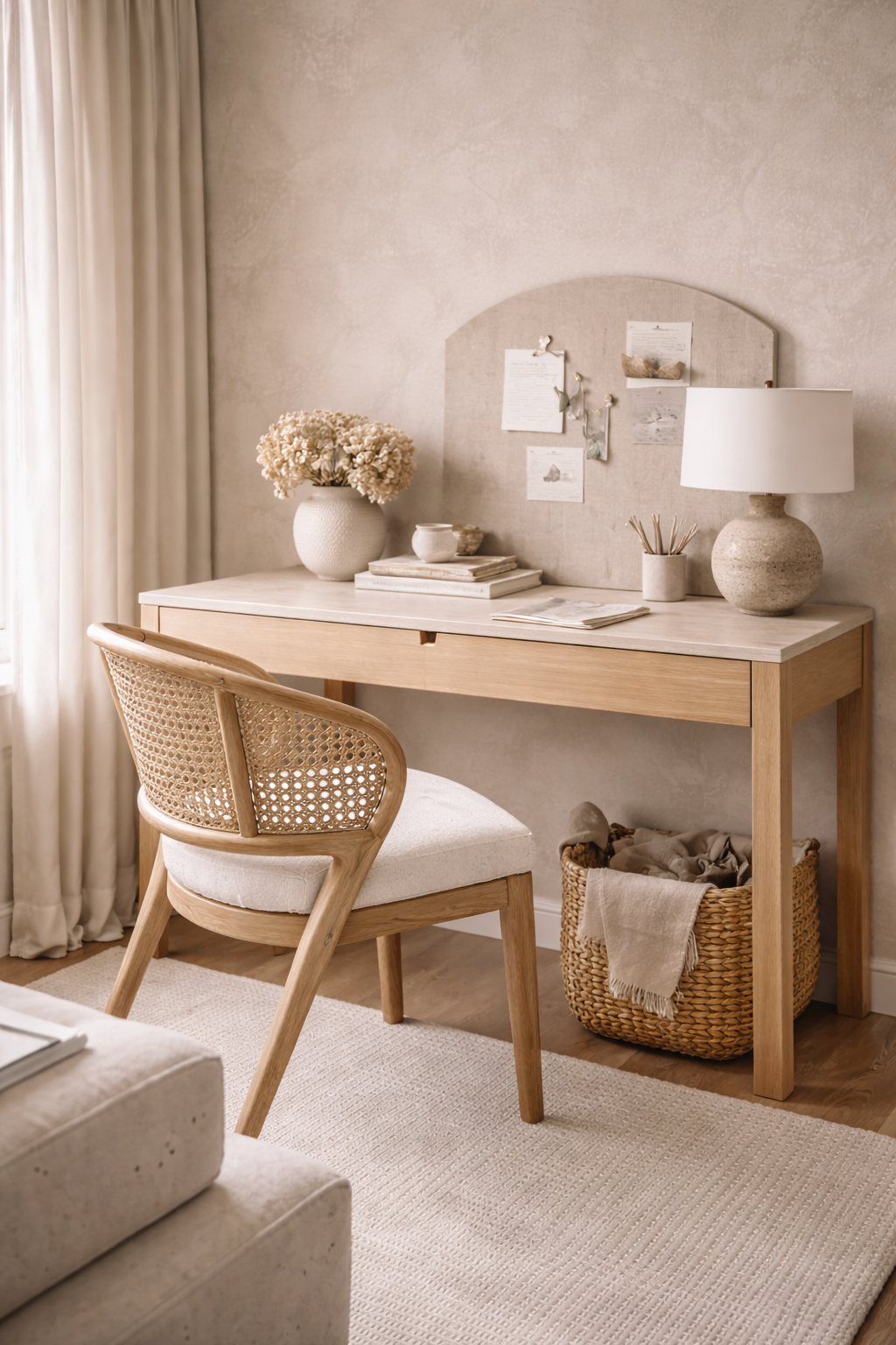 Small home office workspace idea with warm neutral palette, space-saving desk, vertical storage, and soft lighting