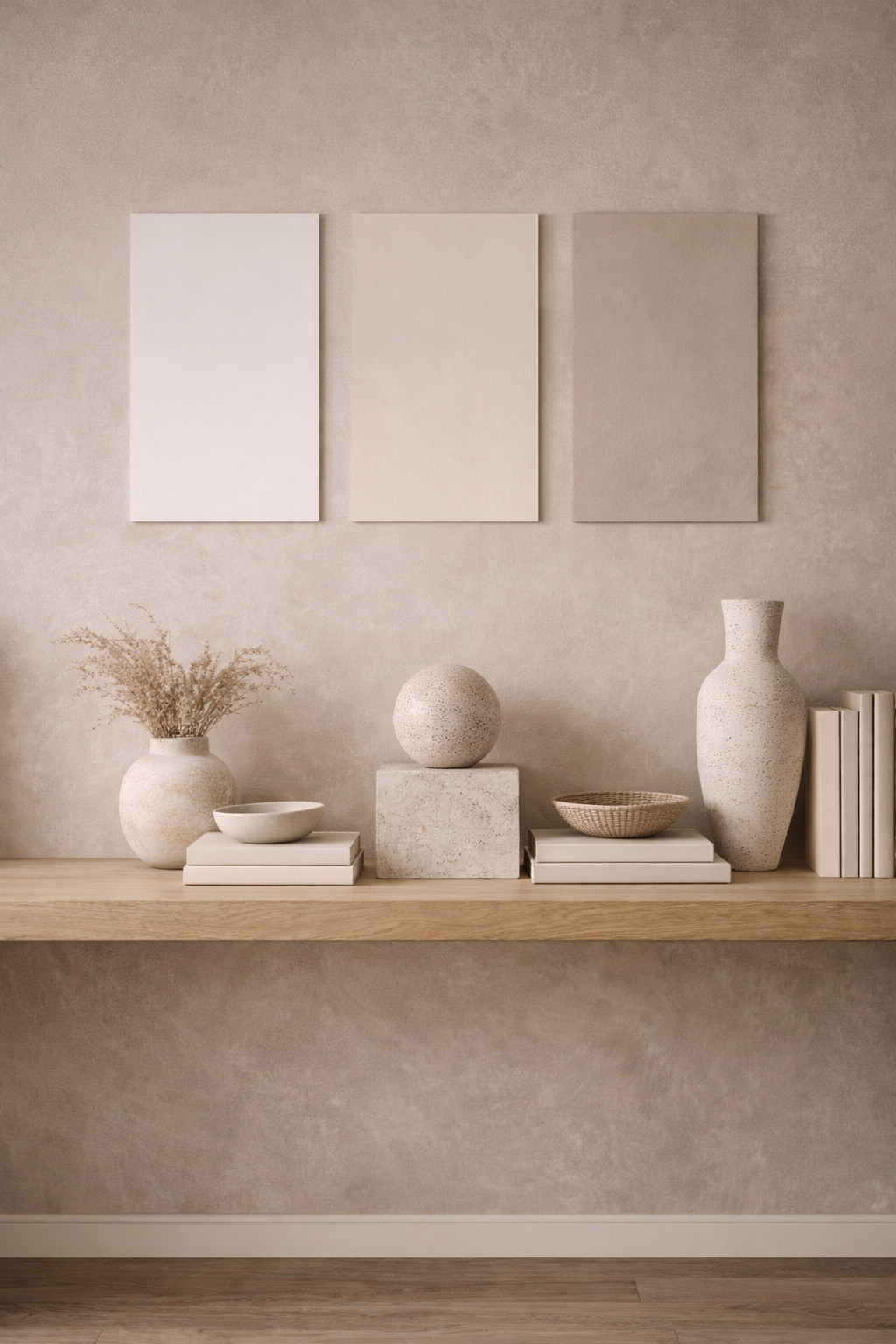 Warm neutral office color ideas featuring beige, greige, warm white tones and layered textures for a calm home office
