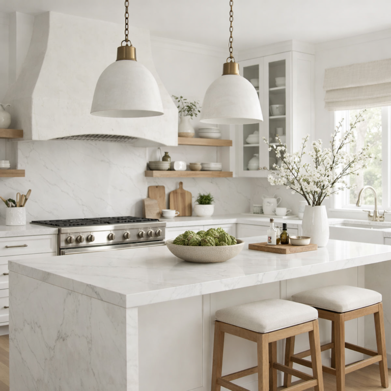 Organic modern white kitchen with marble waterfall island, pendant lights, wood bar stools, and minimalist decor.