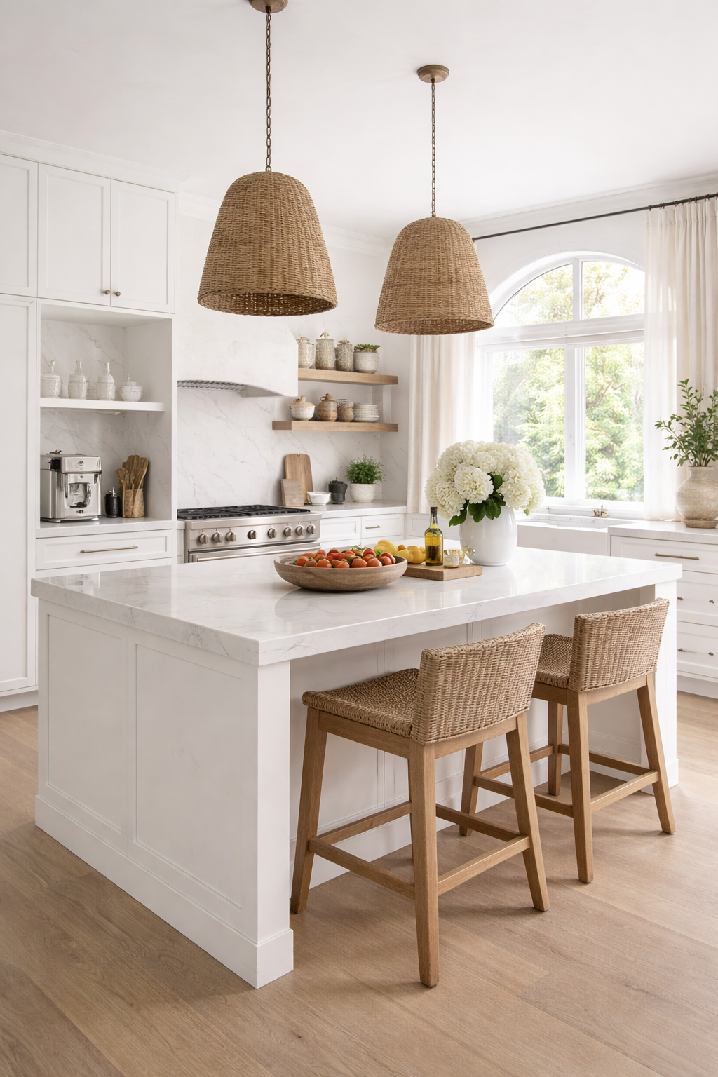 Bright white kitchen styled with organic textures, warm woods, and soft contrast for a dimensional look