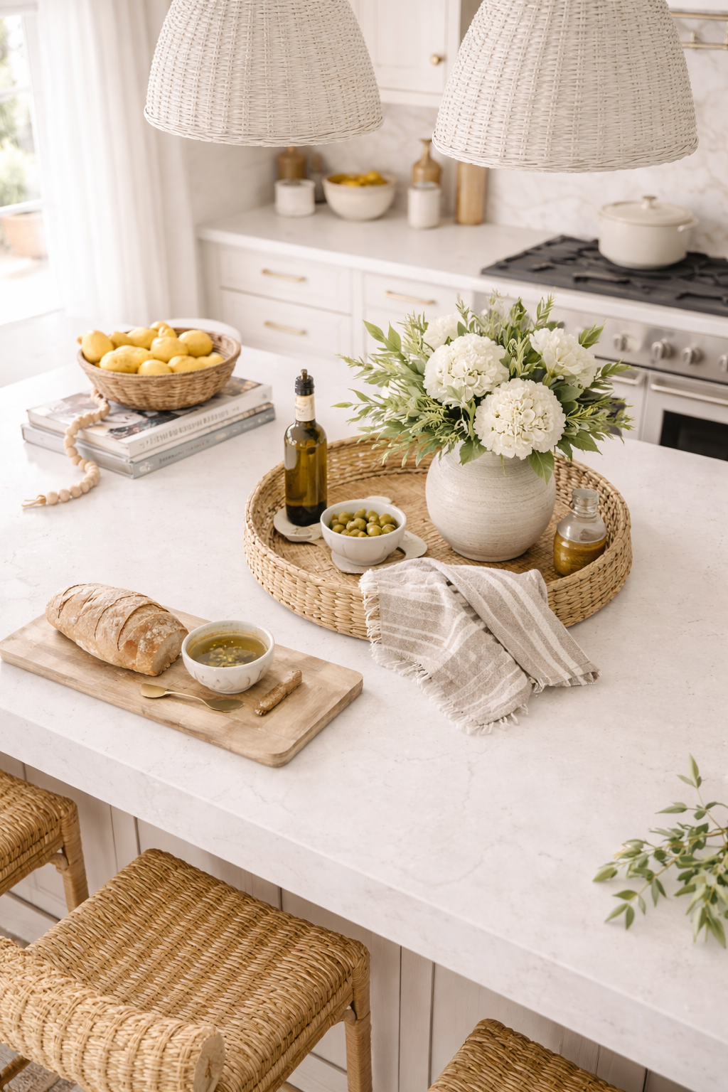 coastal-inspired kitchen island styling with refined neutral decor and designer details