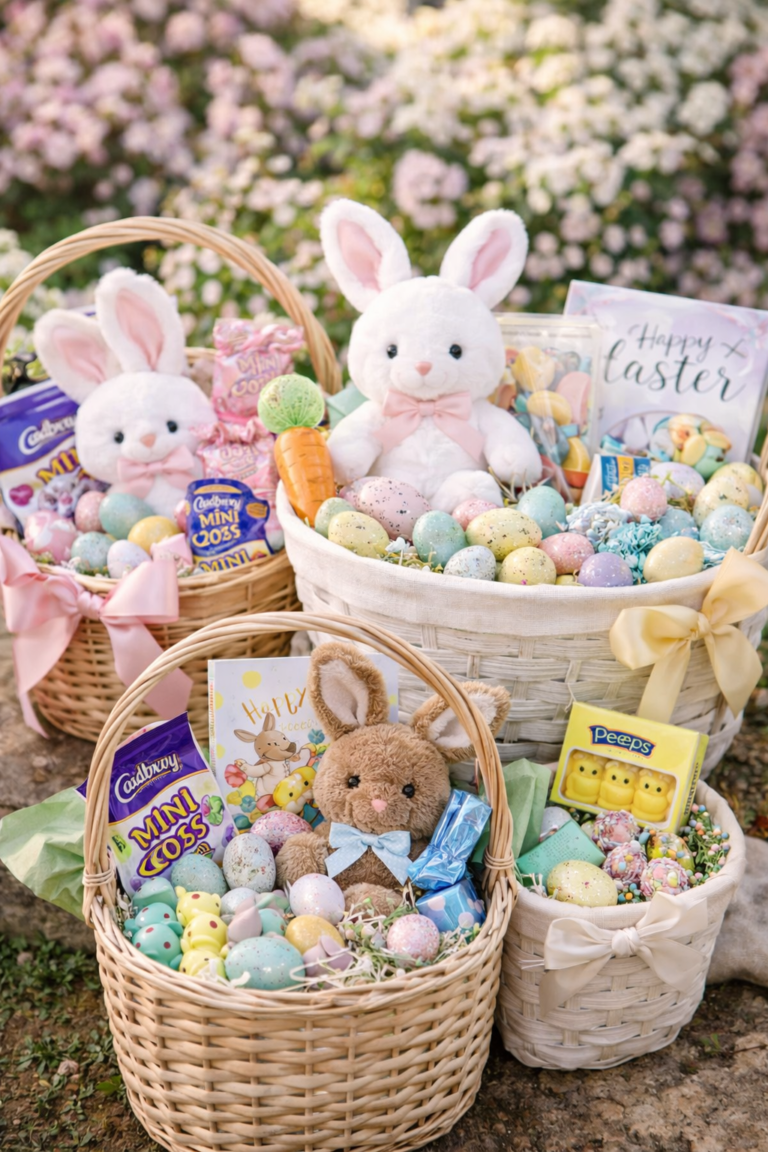 Easter baskets filled with pastel eggs, bunny plush toys, and candy for kids Easter gifts