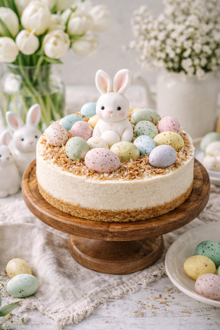 Easter cheesecake topped with pastel chocolate eggs and bunny decoration on a wooden cake stand