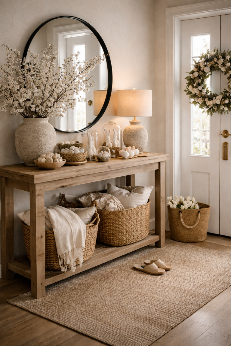 Organic modern Easter entryway with wood console table, round mirror, spring branches, woven baskets, and neutral seasonal decor