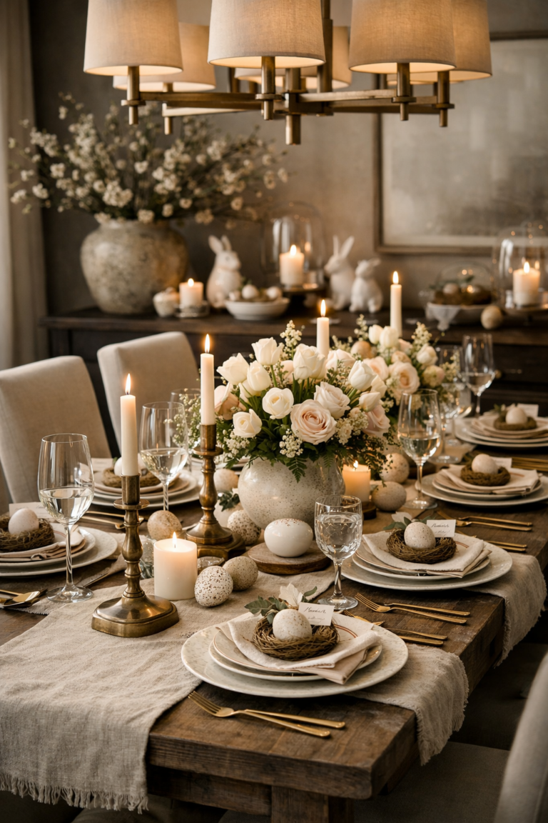 Elegant Easter brunch table with neutral linens, candles, spring floral centerpiece, and organic modern place settings