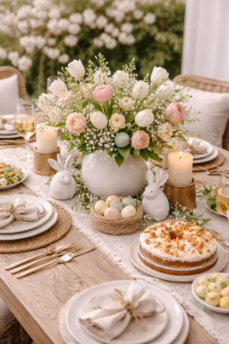 Elegant Easter table centerpiece with tulips, spring flowers, candles, and bunny decor in an organic modern tablescape