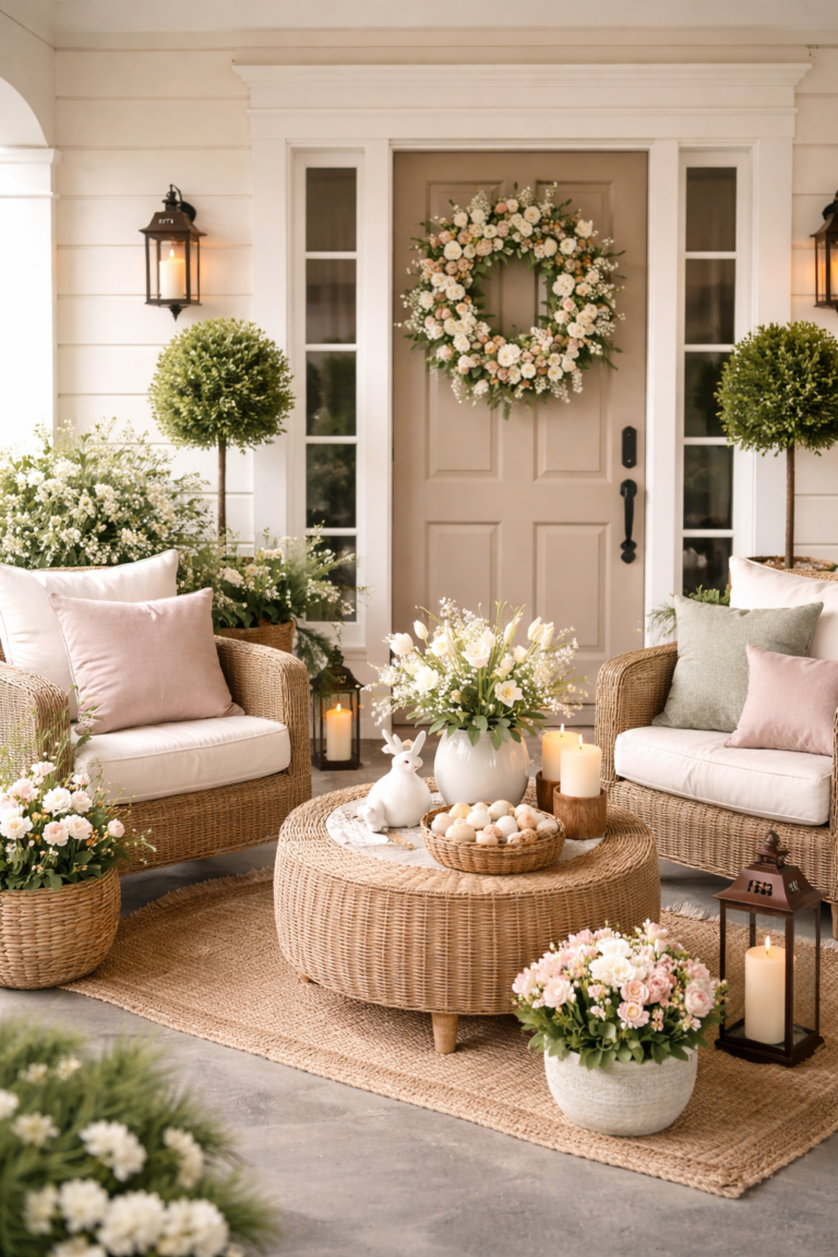 Organic modern Easter porch decor with wicker chairs, blush pillows, spring wreath on a beige front door, lanterns, and a rattan coffee table styled with flowers and Easter eggs