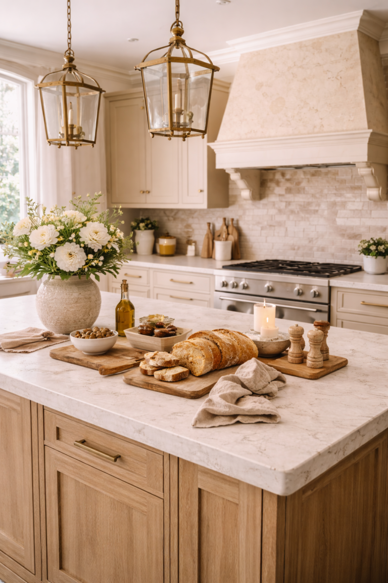 European stone kitchen island with marble countertop, brass lantern pendants, fresh flowers, and rustic bread styling
