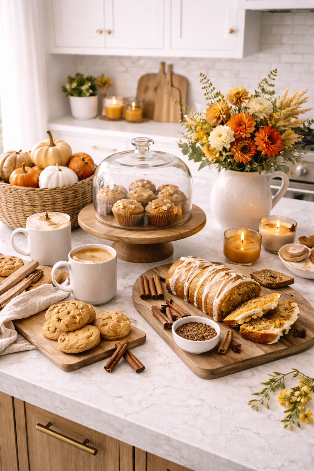 fall kitchen island styling with cozy baking details, warm wood, and softly layered autumn decor