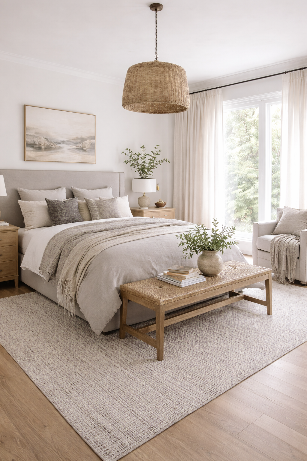 Organic modern grey bedroom layered with warm textiles and natural textures