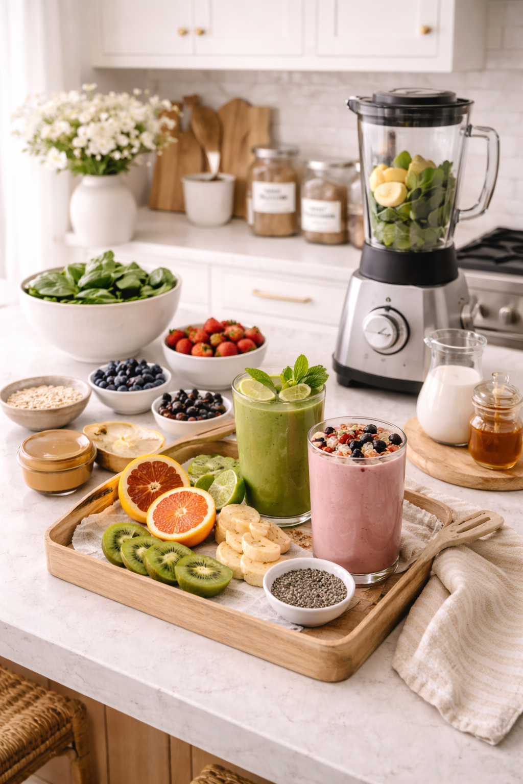 healthy breakfast kitchen island styling with smoothie, layered natural materials, and calm expensive-looking kitchen decor