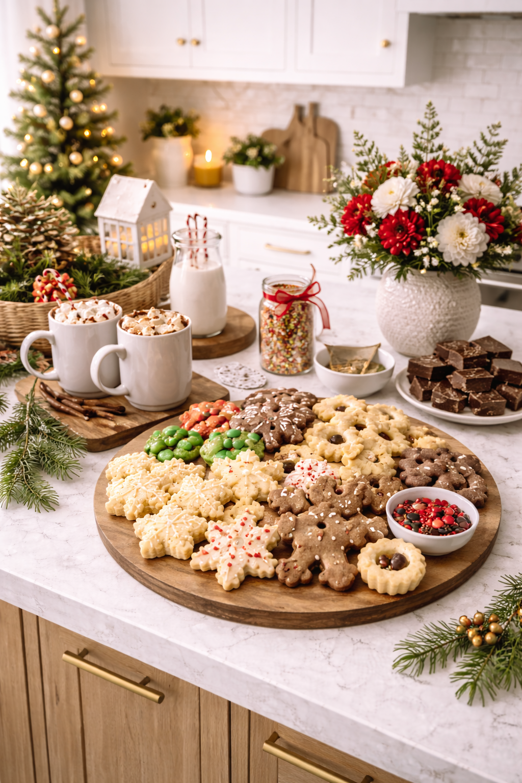 holiday kitchen island styling with cookie baking details, festive greenery, and elegant warm seasonal decor