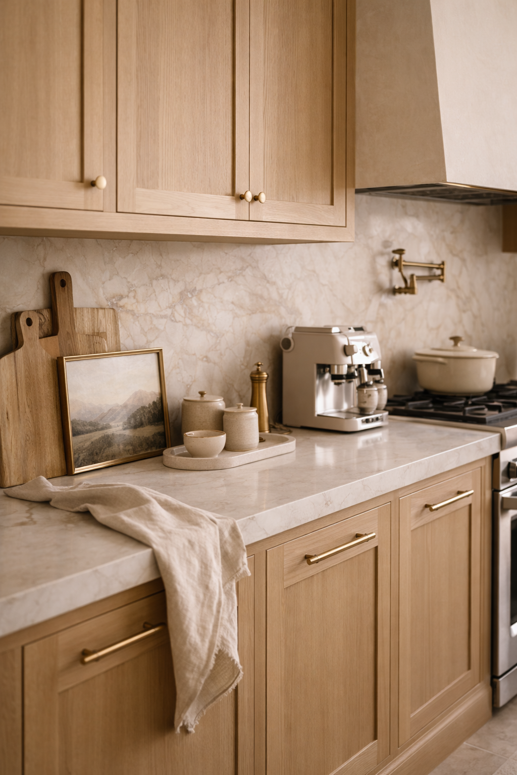 designer kitchen coffee station styling with layered wood, ceramics, and elevated neutral accessories