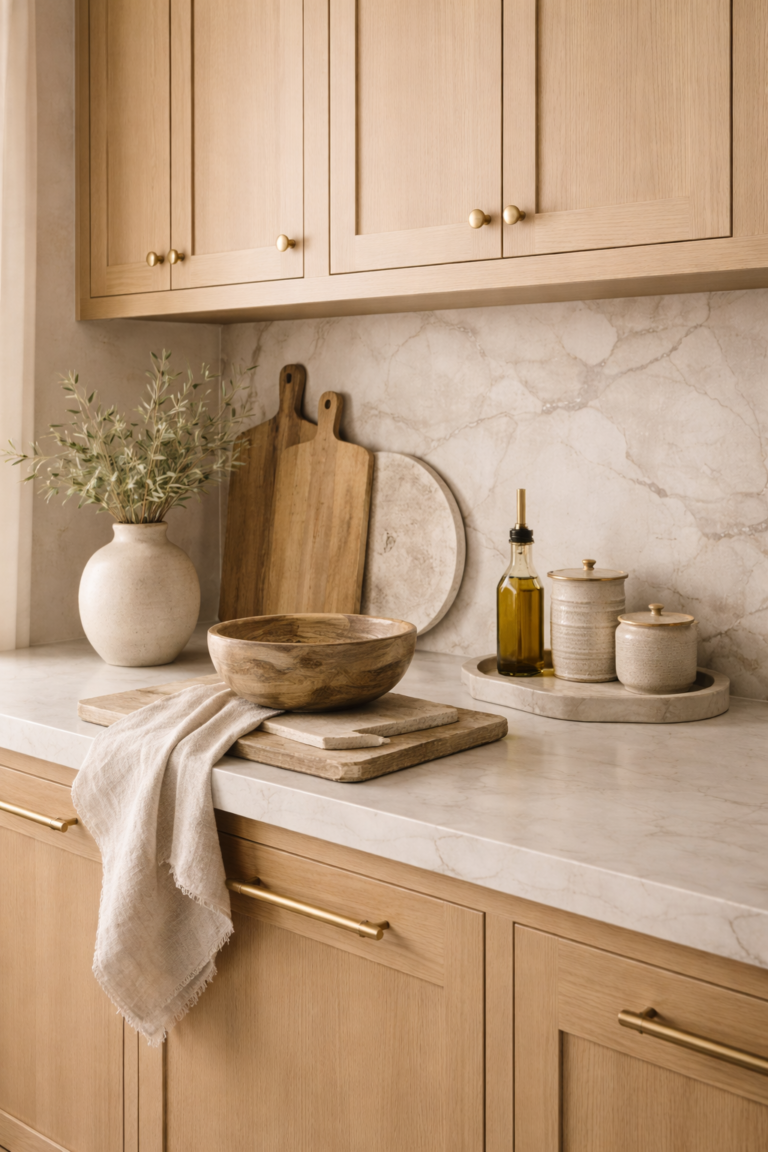 Organic modern kitchen counter vignette with wood cutting boards, marble backsplash, and brass faucet