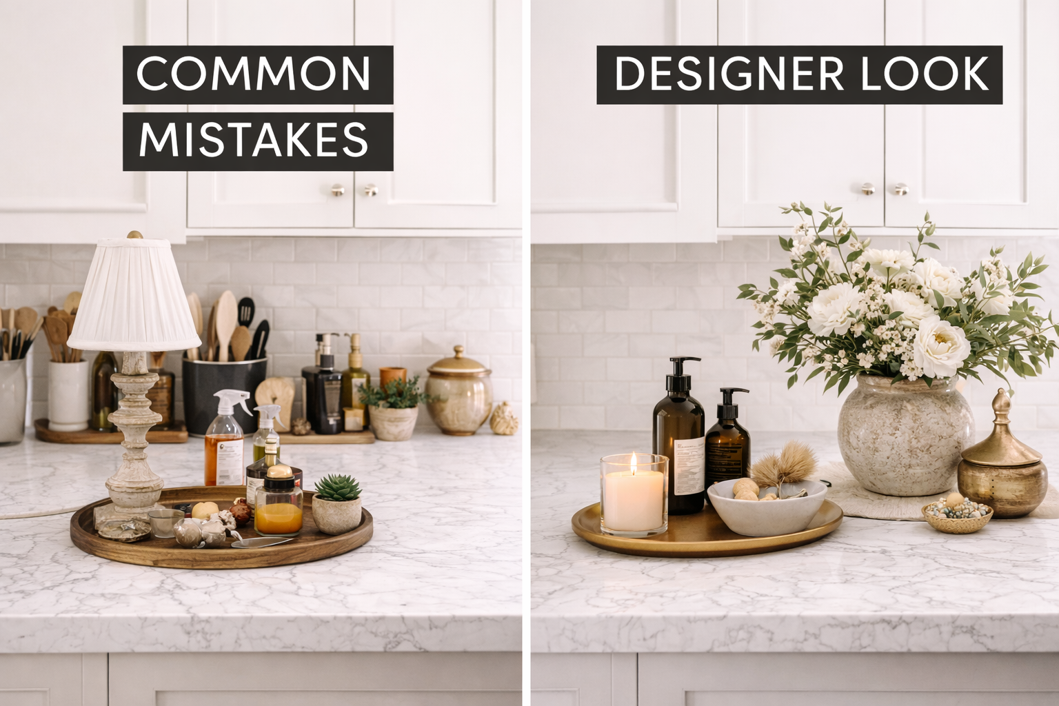 kitchen decor clutter versus designer styling comparison showing edited neutral kitchen surfaces