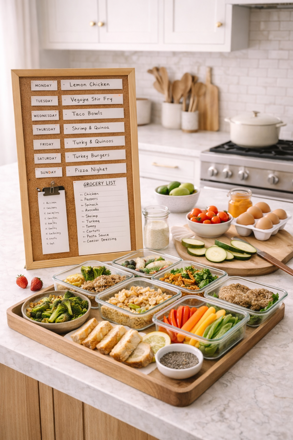 kitchen island meal prep styling with organized natural materials, warm neutral decor, and expensive-looking designer kitchen details