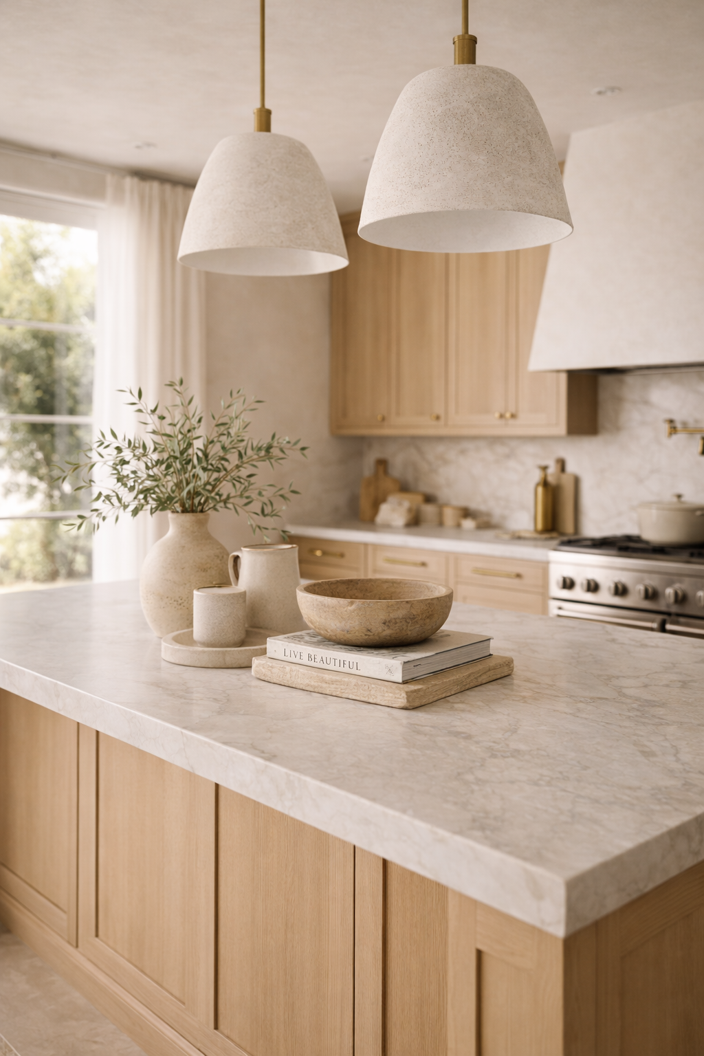 designer kitchen island styling with warm neutral decor, sculptural bowl, books, and organic modern layered accessories