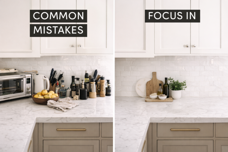 Kitchen styling mistakes vs designer look comparison showing cluttered countertop versus minimalist styled kitchen counter