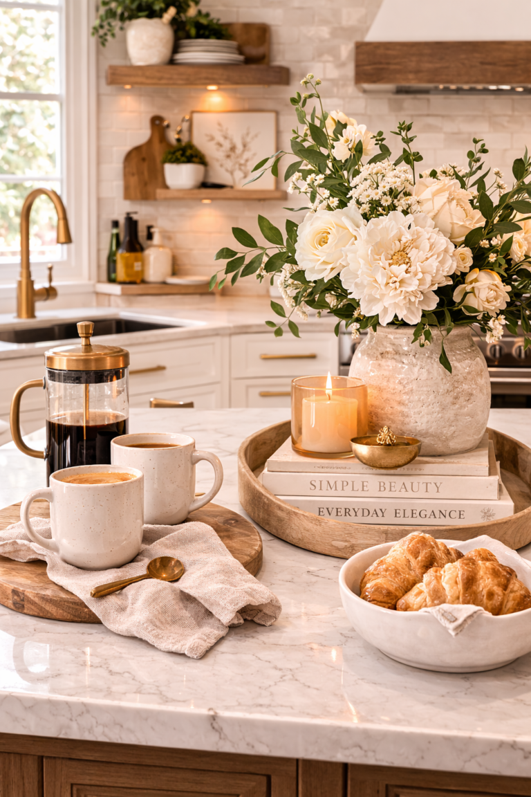Modern farmhouse kitchen coffee station with fresh flowers, croissants, French press coffee, and marble countertop styling