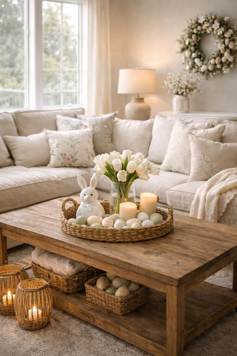 Organic modern Easter living room with neutral sofa, spring pillows, wreath, tulips, and coffee table styled with candles and Easter decor