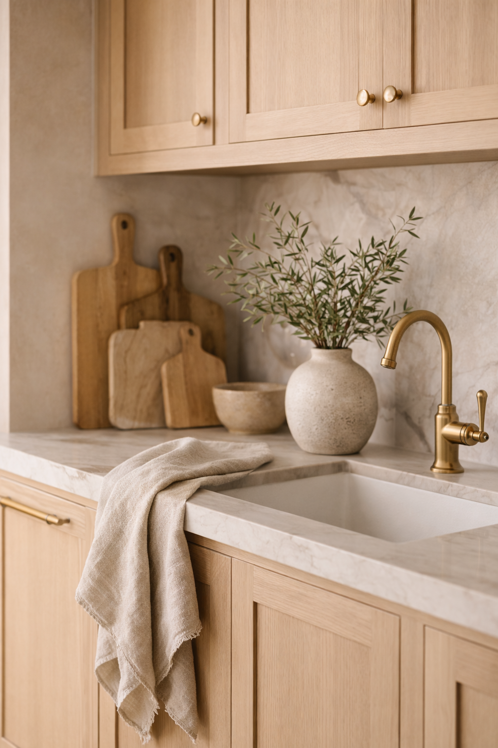 organic modern kitchen counter vignette styling with wood board ceramic bowl and olive branches