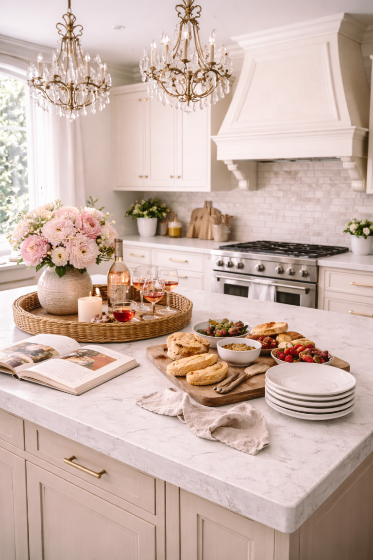 Parisian style kitchen island with marble countertop, chandeliers, flowers, and elegant entertaining setup