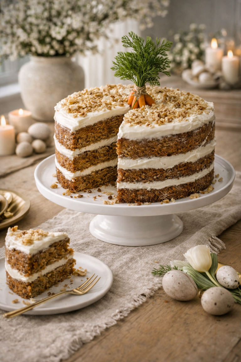 Layered Easter carrot cake with cream cheese frosting and chopped walnuts on a white cake stand with a carrot top garnish