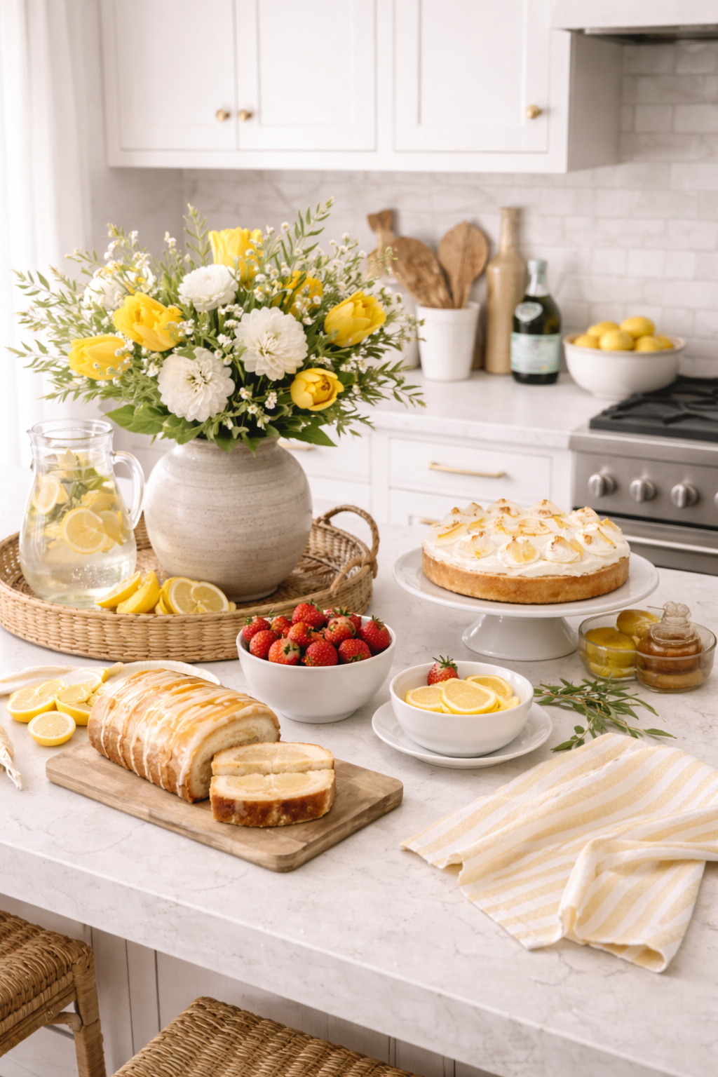 spring kitchen island styling with soft greenery, entertaining details, and warm elegant seasonal decor