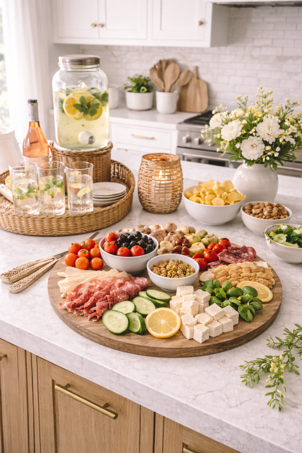 summer kitchen island styling with charcuterie entertaining details, citrus tones, and elevated seasonal decor