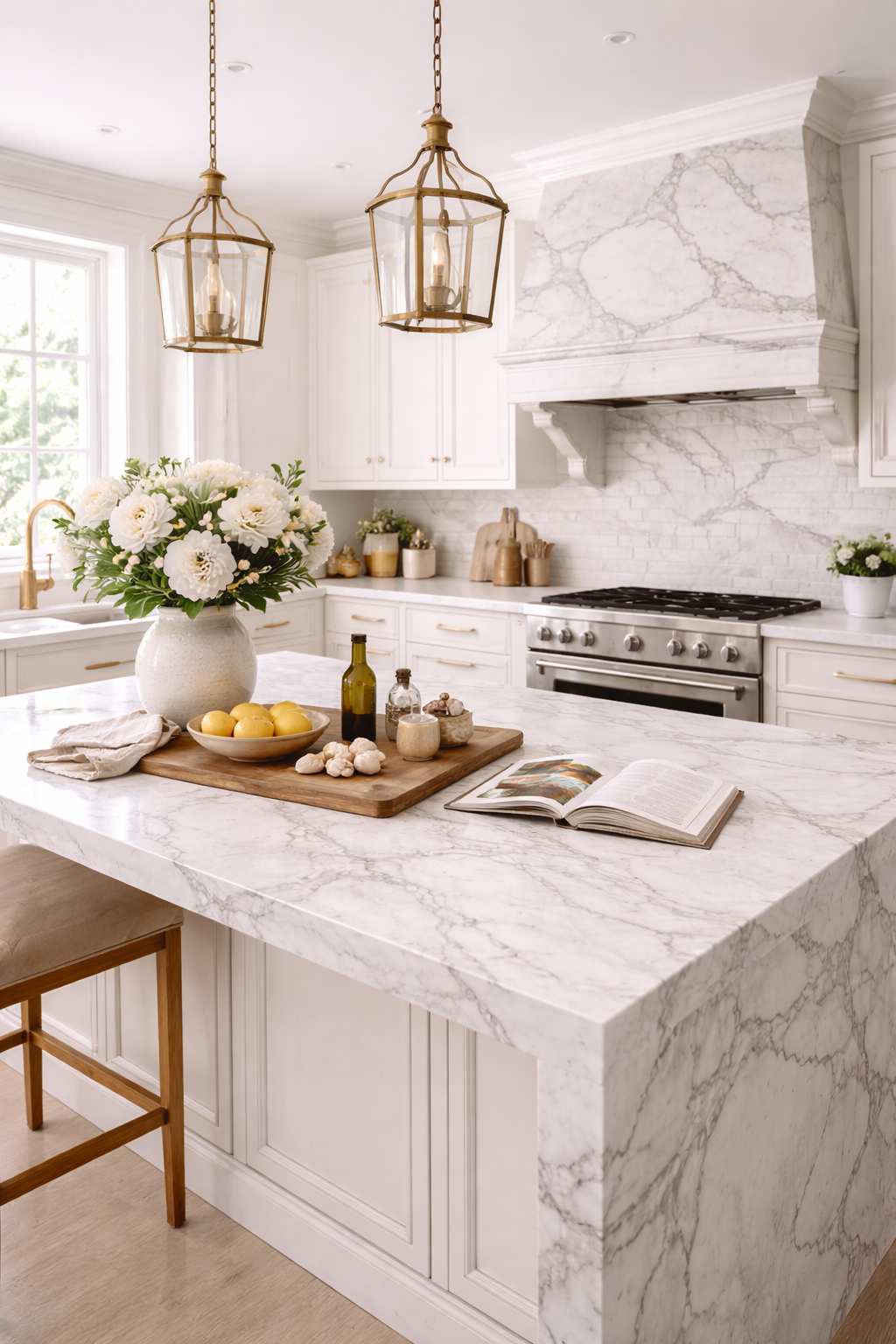 white marble luxury kitchen island styling with elegant neutral decor, sculptural bowl, and elevated designer details
